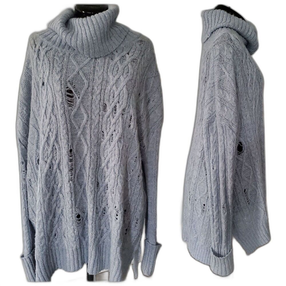 NEW Free People Women's Sweater Small Gray Blue Distressed Oversized Cowl Neck